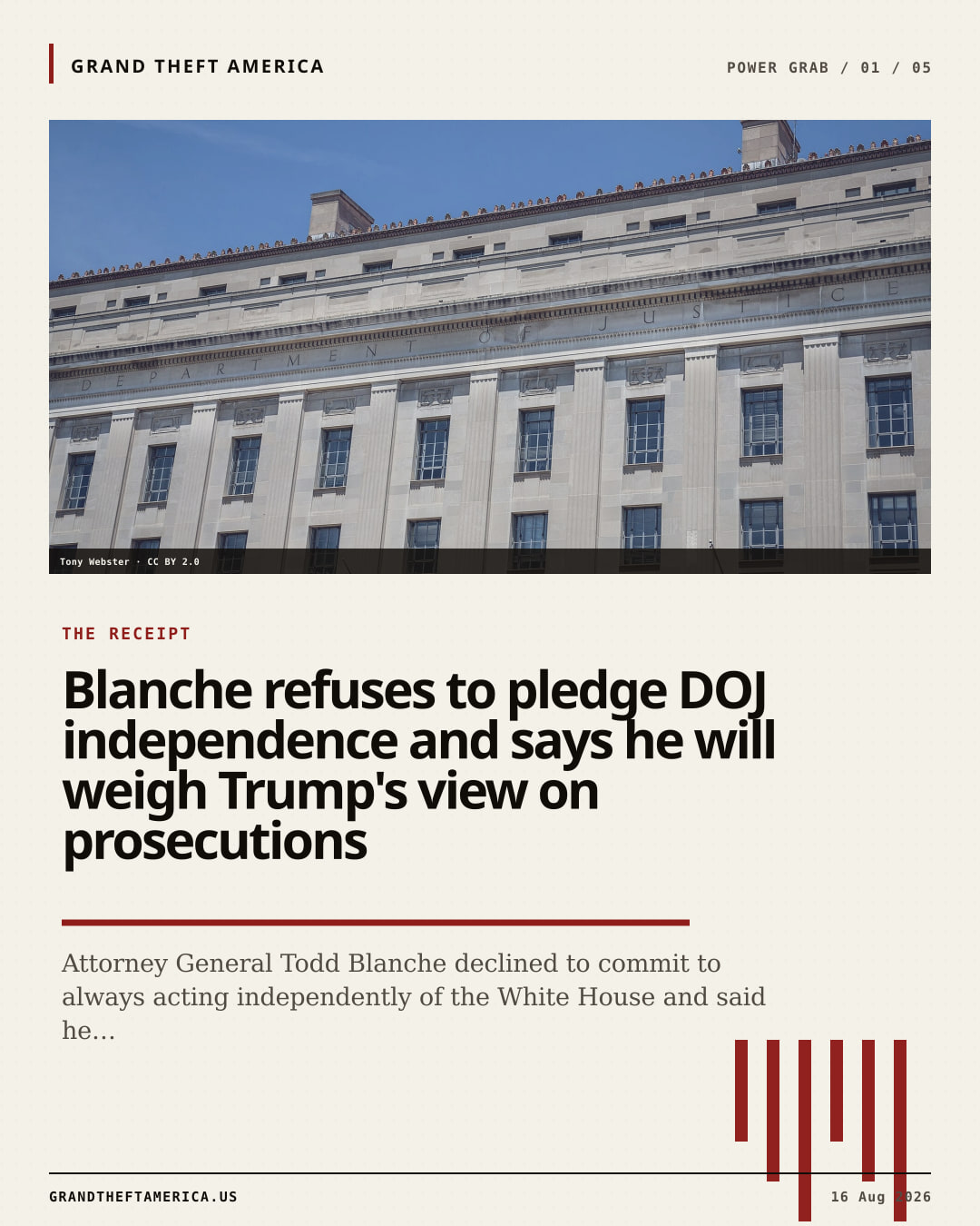 The receipt slide for Blanche refuses to pledge DOJ independence and says he will weigh Trump's view on prosecutions