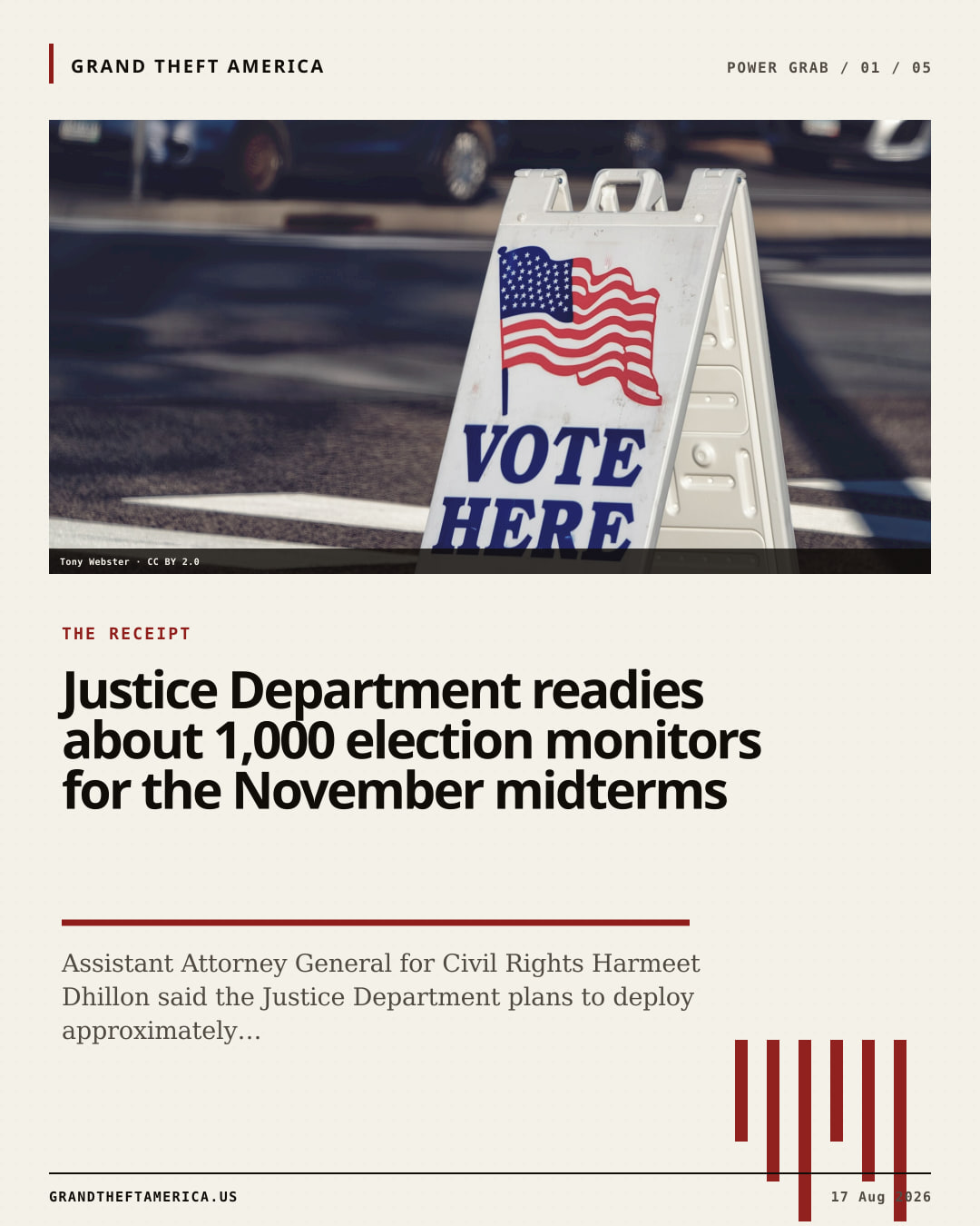 The receipt slide for Justice Department readies about 1,000 election monitors for the November midterms